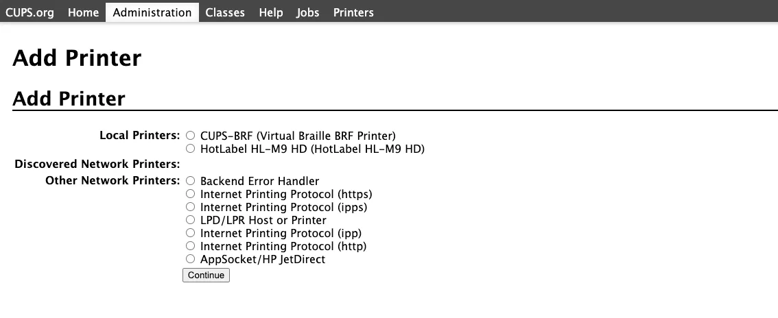 Screenshot of the CUPS add printer page
