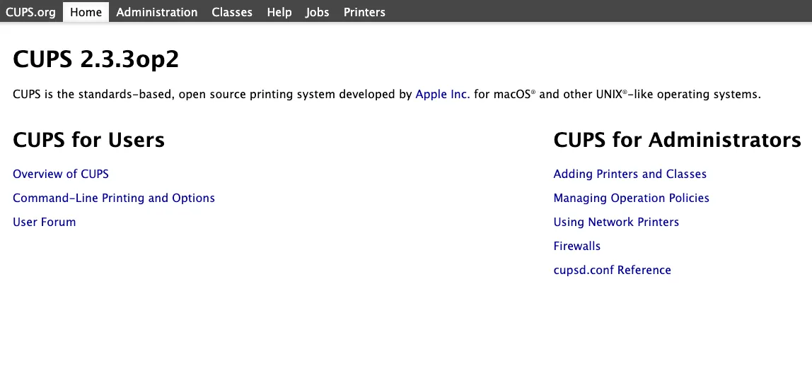 Screenshot of the CUPS home page