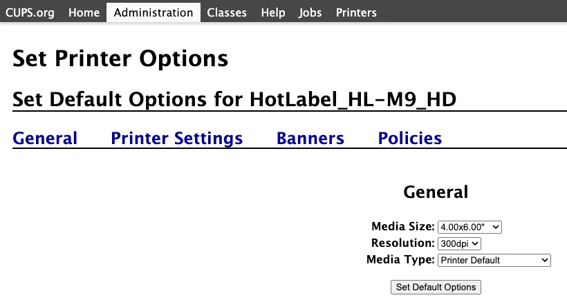 Screenshot of the CUPS printer default settings page