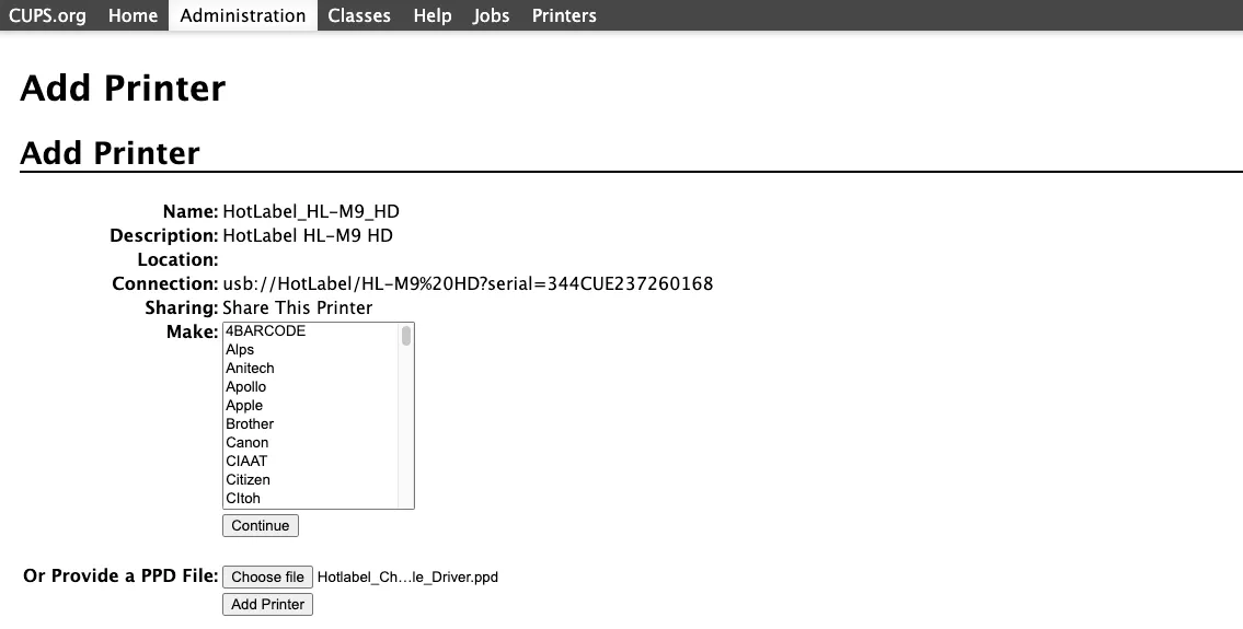 Screenshot of the CUPS driver page
