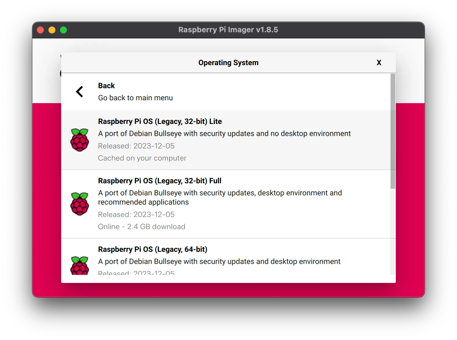 Screenshot of the Raspberry Pi Imager software